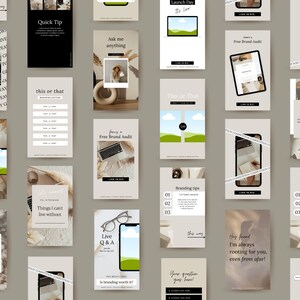 Puede incluir: Una colecci&oacute;n de plantillas de publicaciones en redes sociales para un negocio o marca. Las plantillas presentan una variedad de dise&ntilde;os, que incluyen un paisaje verde, una computadora port&aacute;til, un tel&eacute;fono y un par de gafas. El texto en las plantillas incluye frases como "Consejo r&aacute;pido", "Preg&uacute;ntame cualquier cosa", "Auditor&iacute;a de marca gratuita", "Preguntas y respuestas en vivo" y "Consejos de marca".