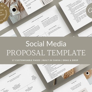 Puede incluir: Una plantilla de propuesta de redes sociales con 17 páginas personalizables, creada en Canva, y funcionalidad de arrastrar y soltar. La plantilla presenta un diseño minimalista con una paleta de colores neutros.