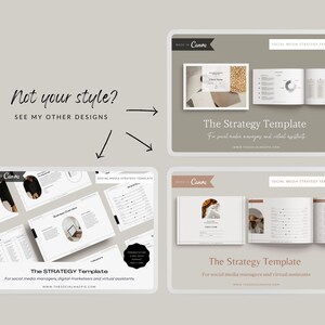 May include: Three mockups of a social media strategy template. The template is designed for social media managers and virtual assistants. The template is made in Canva and includes a variety of sections, including a content calendar, a social media audit, and a competitor analysis.