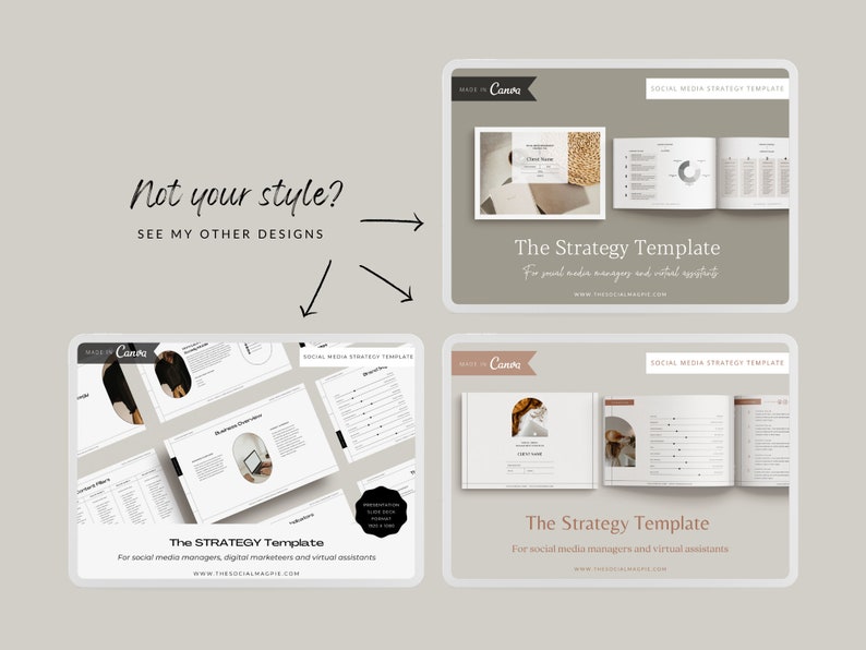 May include: Three mockups of a social media strategy template. The template is designed for social media managers and virtual assistants. The template is made in Canva and includes a variety of sections, including a content calendar, a social media audit, and a competitor analysis.