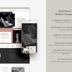 May include: A black and white image of a website template for Squarespace. The text on the image reads "Squarespace Website Template", "A Template Ready to Use", "Designed for Squarespace", "Website Copy Planner", "Responsive Design", "Mix and Match Layout", and "Notion Portal".