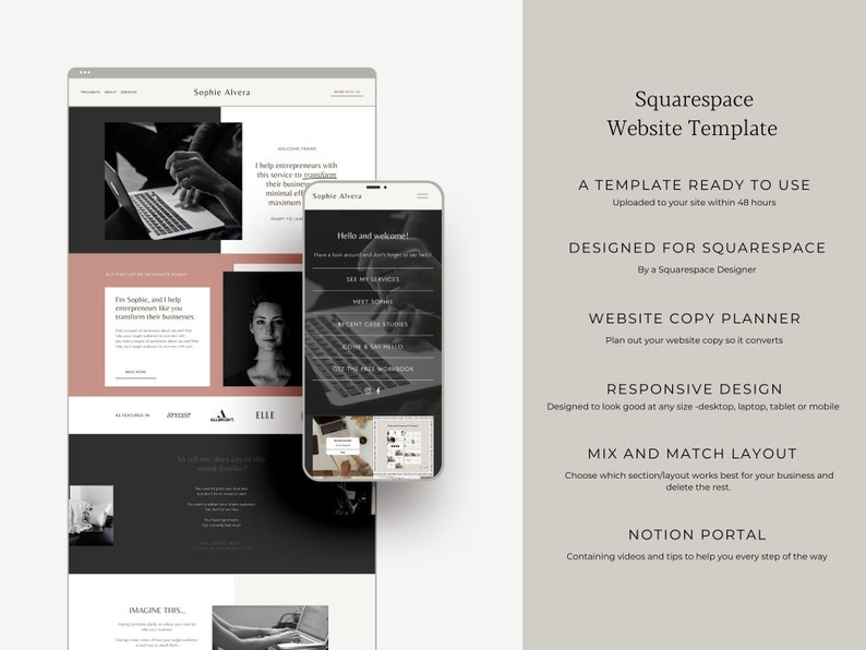 May include: A black and white image of a website template for Squarespace. The text on the image reads "Squarespace Website Template", "A Template Ready to Use", "Designed for Squarespace", "Website Copy Planner", "Responsive Design", "Mix and Match Layout", and "Notion Portal".