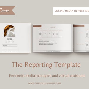 May include: A social media reporting template made in Canva. The template includes a cover page with a laptop and a client name field, followed by pages for tracking social media metrics, including current month and previous month performance.