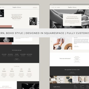 May include: A website mockup with a modern, boho style designed in Squarespace. The website features a black and white photo of a person working on a laptop, a quote about exceeding business potential, and a section highlighting core values like integrity, honesty, passion, and quality.
