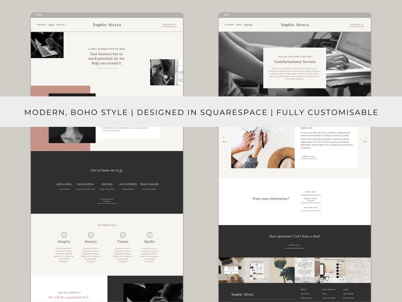 May include: A website mockup with a modern, boho style designed in Squarespace. The website features a black and white photo of a person working on a laptop, a quote about exceeding business potential, and a section highlighting core values like integrity, honesty, passion, and quality.