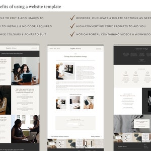 May include: A website template with a white background and black text. The benefits of using a website template are listed in bullet points. The benefits include: simple to edit and add images, easy to install and no code required, change colors and fonts to suit, reorder, duplicate and delete sections as needed, high-converting copy prompts to aid you, and notion portal containing videos and workbooks.