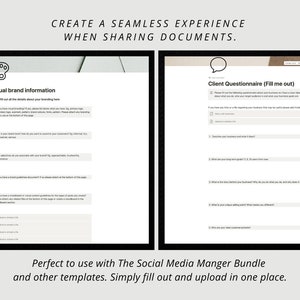 May include: Two white pages with text boxes for a client questionnaire and visual brand information. The text on the top of the page reads "Create a seamless experience when sharing documents."