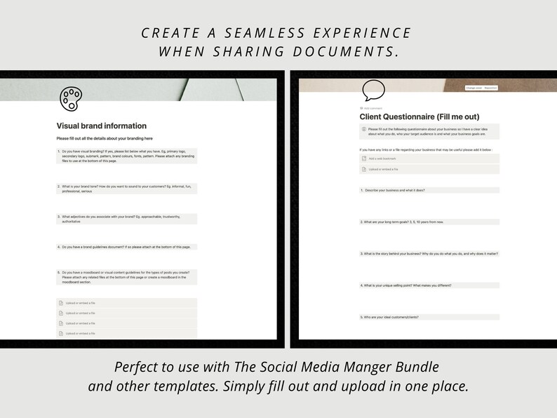 May include: Two white pages with text boxes for a client questionnaire and visual brand information. The text on the top of the page reads "Create a seamless experience when sharing documents."