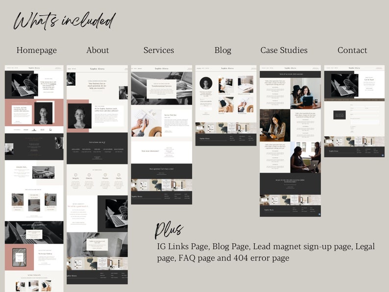 May include: A website design mockup showing different pages of a website, including a homepage, about page, services page, blog page, case studies page, and contact page. The website design is modern and minimalist, with a focus on clean lines and white space. The text "What's included" and "Plus" is visible on the image. The text below "Plus" reads "IG Links Page, Blog Page, Lead magnet sign-up page, Legal page, FAQ page and 404 error page".