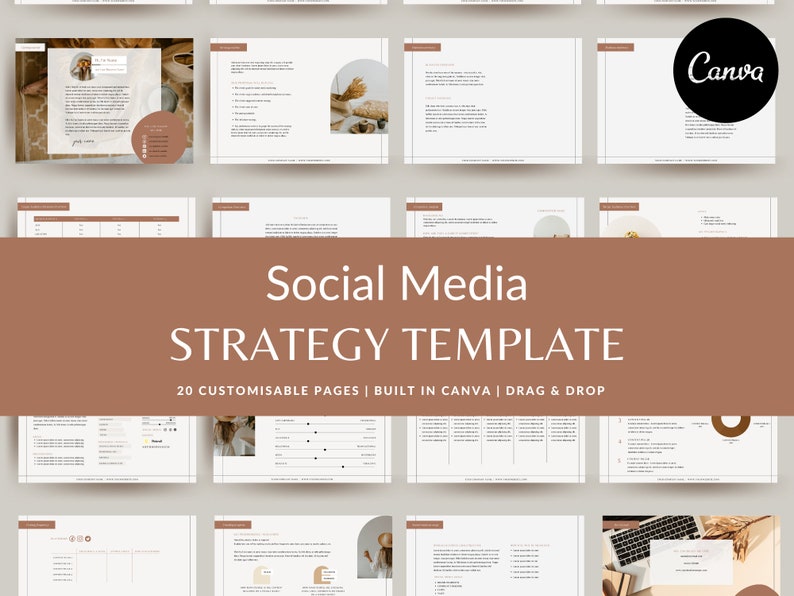 May include: A social media strategy template with 20 customizable pages, built in Canva. The template is designed to help businesses create and implement a successful social media strategy. The template includes sections for defining target audiences, setting goals, creating content calendars, and tracking results. The template is also designed to be easy to use and drag and drop.