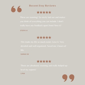 May include: Recent Etsy reviews with five-star ratings for a product. The reviews highlight the product's ease of use, organization, and stunning design. The text includes quotes from customers, such as "This made my life so much easier. Love it. Very detailed and well organized. Saved me 2 hours of life." and "These are absolutely stunning and really helped up-level my reports!"