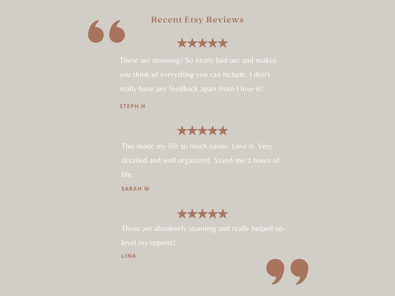May include: Recent Etsy reviews with five-star ratings for a product. The reviews highlight the product's ease of use, organization, and stunning design. The text includes quotes from customers, such as "This made my life so much easier. Love it. Very detailed and well organized. Saved me 2 hours of life." and "These are absolutely stunning and really helped up-level my reports!"