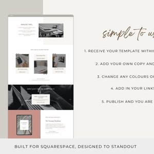 May include: A website mockup showing a simple to use Squarespace template. The template features a black and white color scheme with a pink accent color. The text on the page reads "Imagine This", "Don't Just Take My Word For It", and "The Strategy Roadmap".