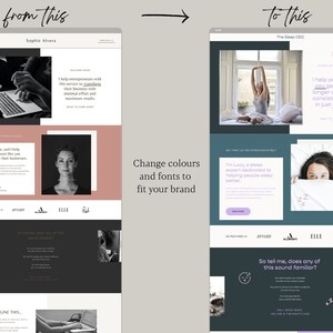 May include: Two website screenshots showing before and after website redesigns. The first screenshot shows a website with a pink and black color scheme and the text "Sophie Alvera". The second screenshot shows a website with a teal and gray color scheme and the text "The Sleep CEO".