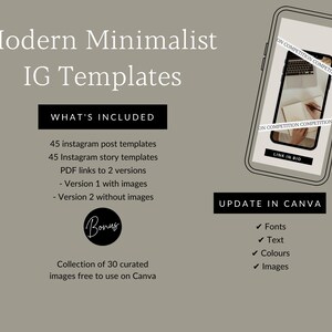 Puede incluir: Una ilustraci&oacute;n digital de un tel&eacute;fono inteligente con una maqueta de una plantilla de publicaci&oacute;n de Instagram. La plantilla de publicaci&oacute;n es para una competencia con el texto "ON COMPETITION COMPETITION" y "LINK IN BIO". El texto "Modern Minimalist IG Templates" est&aacute; en la parte superior de la imagen. El texto "WHAT'S INCLUDED" est&aacute; debajo de la imagen. El texto "45 instagram post templates", "45 Instagram story templates", "PDF links to 2 versions", "Version 1 with images", "Version 2 without images", "Bonus", "Collection of 30 curated images free to use on Canva", "UPDATE IN CANVA", "Fonts", "Text", "Colours", e "Images" est&aacute;n listados debajo de la imagen.