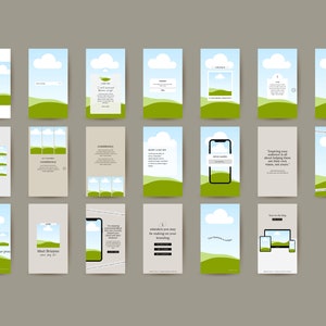 Puede incluir: Una colecci&oacute;n de 15 plantillas de historias de Instagram con un cielo azul, nubes blancas y colinas verdes. Las plantillas incluyen texto como "Conf&iacute;a en tu proceso", "Conoce a Brianna" e "Inspirar a tu audiencia se trata de ayudarlos a ver su propia visi&oacute;n, no la tuya".