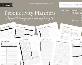 Productivity Planner Bundle, Goal Tracker, Daily, Weekly, Monthly (Printable PDF)