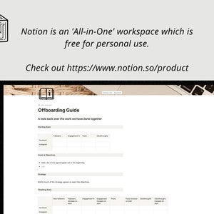 May include: A screenshot of a laptop displaying a webpage with the title "Offboarding Guide". The webpage is a template for a guide to offboarding employees, with sections for starting stats, goals and objectives, strategy, and finishing stats. The webpage is designed using the Notion workspace platform.