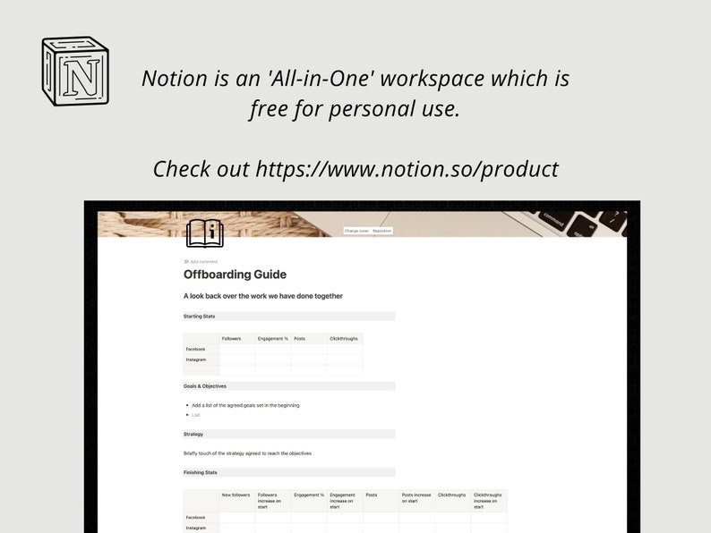 May include: A screenshot of a laptop displaying a webpage with the title "Offboarding Guide". The webpage is a template for a guide to offboarding employees, with sections for starting stats, goals and objectives, strategy, and finishing stats. The webpage is designed using the Notion workspace platform.