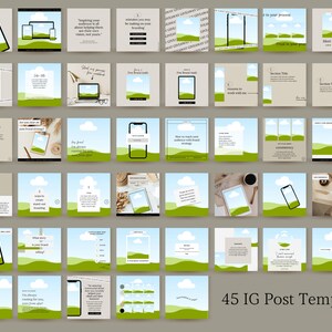 Puede incluir: 45 plantillas de publicaciones de Instagram con un esquema de color verde y azul. Las plantillas presentan un paisaje estilizado con nubes y colinas. Algunas plantillas incluyen cuadros de texto e iconos.