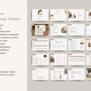 May include: A digital template for creating a social media strategy. The template includes sections for cover pages, intro page, business overview, target audience personas, platform strategy pages, content pillars, tone of voice, posting frequency, tracking process, and contact sheet. The template is customizable with 20 pages and a mix and match layout.