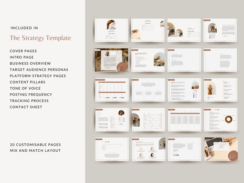 May include: A digital template for creating a social media strategy. The template includes sections for cover pages, intro page, business overview, target audience personas, platform strategy pages, content pillars, tone of voice, posting frequency, tracking process, and contact sheet. The template is customizable with 20 pages and a mix and match layout.
