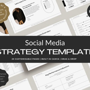 May include: A social media strategy template with 20 customizable pages, built in Canva, and drag and drop functionality. The template is designed for social media managers and includes a presentation slide deck format in 1920 x 1080 resolution. The template features a black and white design with a modern aesthetic.