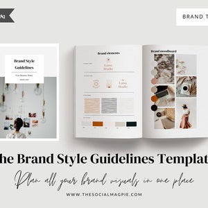 May include: A template for brand style guidelines, featuring a mood board with images of a camera, a laptop, and a woman wearing a long skirt. The template also includes a section for brand elements, such as logos and color palettes.