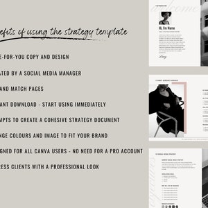 May include: A black and white image of a social media strategy template with a checklist of benefits. The benefits include done-for-you copy and design, created by a social media manager, mix and match pages, instant download, prompts to create a cohesive strategy document, change colors and image to fit your brand, designed for all Canva users, and impress clients with a professional look.
