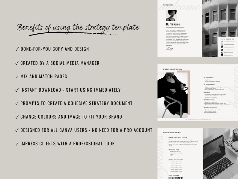 May include: A black and white image of a social media strategy template with a checklist of benefits. The benefits include done-for-you copy and design, created by a social media manager, mix and match pages, instant download, prompts to create a cohesive strategy document, change colors and image to fit your brand, designed for all Canva users, and impress clients with a professional look.