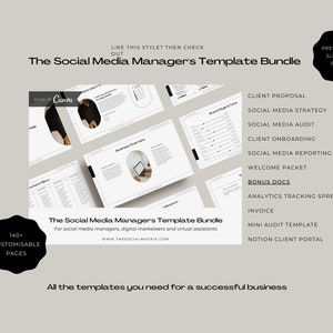 May include: A digital marketing template bundle for social media managers, digital marketers, and virtual assistants. The bundle includes 140+ customizable pages, a client proposal, social media strategy, social media audit, client onboarding, social media reporting, welcome packet, analytics tracking spreadsheet, invoice, mini audit template, and notion client portal. The templates are made with Canva.