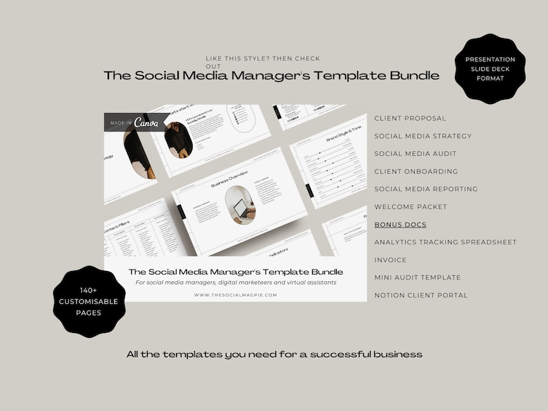 May include: A digital marketing template bundle for social media managers, digital marketers, and virtual assistants. The bundle includes 140+ customizable pages, a client proposal, social media strategy, social media audit, client onboarding, social media reporting, welcome packet, analytics tracking spreadsheet, invoice, mini audit template, and notion client portal. The templates are made with Canva.