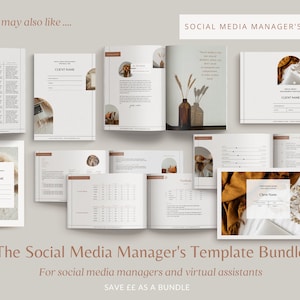 May include: A digital product bundle for social media managers and virtual assistants. The bundle includes templates for client onboarding, social media content calendars, and more. The templates feature a minimalist aesthetic with a neutral color palette of beige, brown, and white.