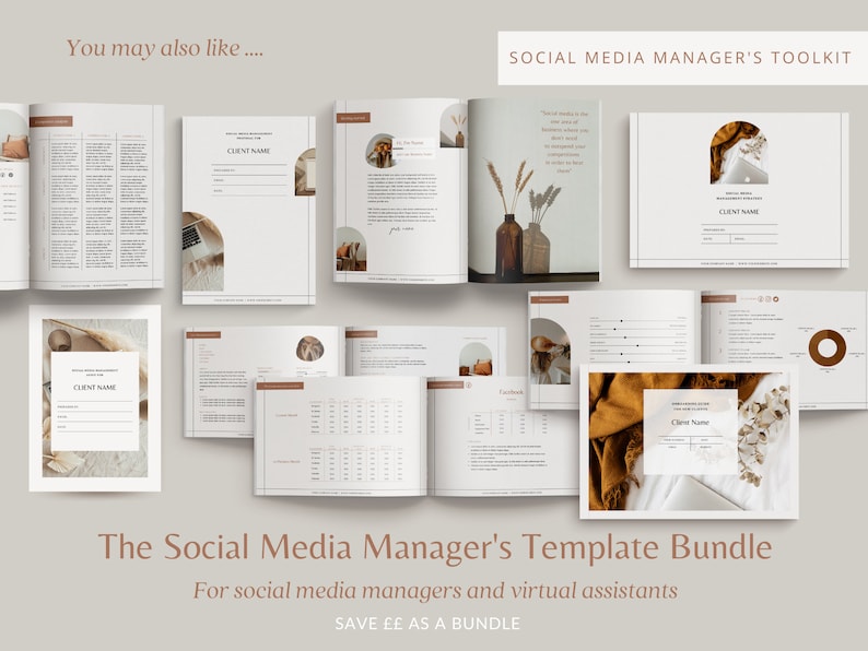 May include: A digital product bundle for social media managers and virtual assistants. The bundle includes templates for client onboarding, social media content calendars, and more. The templates feature a minimalist aesthetic with a neutral color palette of beige, brown, and white.