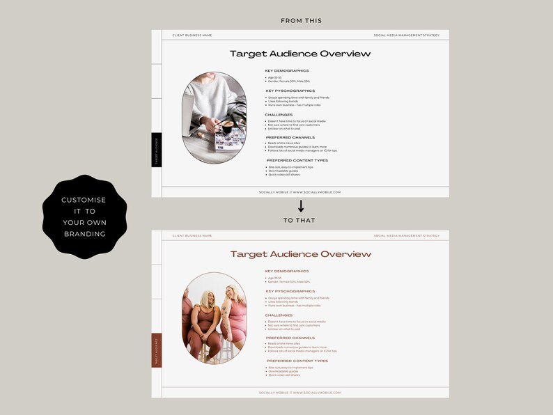 May include: A white and brown presentation slide with the text "Target Audience Overview" and a photo of two women sitting on a chair. The slide also includes a list of key demographics, psychographics, challenges, preferred channels, and preferred content types.