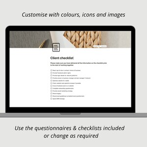 May include: A laptop screen displaying a client checklist with a list of items to be completed before starting work together. The checklist includes items such as signing contracts, providing access to social media platforms, and optimizing websites for mobile.