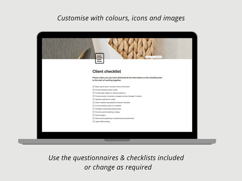 May include: A laptop screen displaying a client checklist with a list of items to be completed before starting work together. The checklist includes items such as signing contracts, providing access to social media platforms, and optimizing websites for mobile.