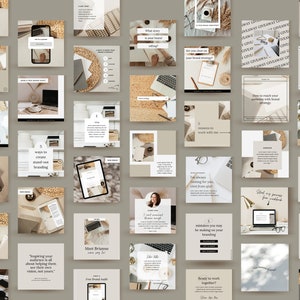 Puede incluir: Una colecci&oacute;n de plantillas de publicaciones en redes sociales para branding y marketing. Las plantillas presentan una paleta de colores neutros con beige, marr&oacute;n y blanco. El texto en las plantillas incluye frases como "Inspirar a tu audiencia", "Listo para trabajar juntos" y "Conf&iacute;a en tu proceso".