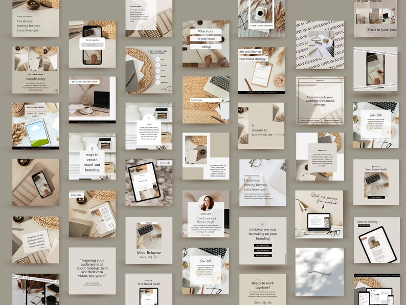 Puede incluir: Una colecci&oacute;n de plantillas de publicaciones en redes sociales para branding y marketing. Las plantillas presentan una paleta de colores neutros con beige, marr&oacute;n y blanco. El texto en las plantillas incluye frases como "Inspirar a tu audiencia", "Listo para trabajar juntos" y "Conf&iacute;a en tu proceso".