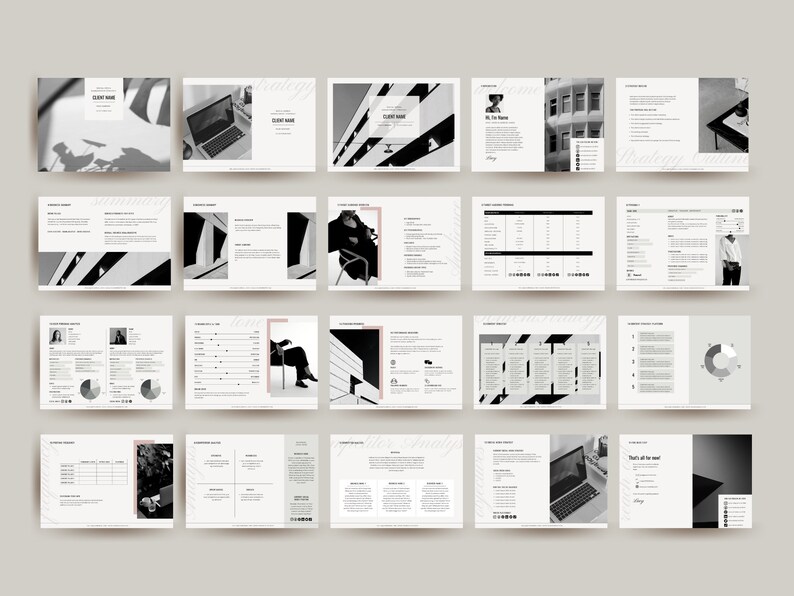 May include: A black and white presentation template with a minimalist design. The template includes a variety of layouts for different types of content, such as text, images, charts, and graphs. The template is perfect for businesses and individuals who want to create professional and visually appealing presentations.