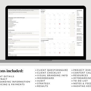 May include: A laptop computer screen displaying a digital planner template with sections for client details, onboarding information, invoicing and payments, client questionnaire, client checklist, visual branding info, moodboard, audit, strategy, results, project overview, content calendars, resources, offboarding, to do list, notes and feedback, and hashtag keeper.