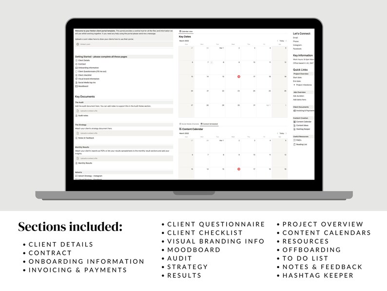 May include: A laptop computer screen displaying a digital planner template with sections for client details, onboarding information, invoicing and payments, client questionnaire, client checklist, visual branding info, moodboard, audit, strategy, results, project overview, content calendars, resources, offboarding, to do list, notes and feedback, and hashtag keeper.