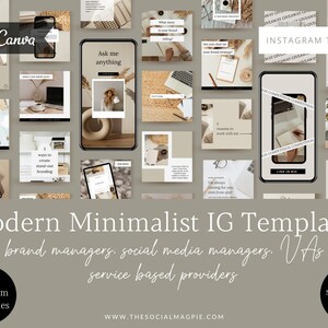 Puede incluir: Un collage de 90 plantillas de Instagram para gerentes de marca, gerentes de redes sociales, asistentes virtuales y proveedores de servicios. Las plantillas presentan una est&eacute;tica minimalista moderna con una paleta de colores neutros beige, marr&oacute;n y blanco. El texto "Modern Minimalist IG Templates" se muestra en una fuente grande en la parte inferior de la imagen.
