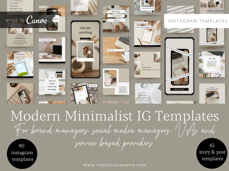 Puede incluir: Un collage de 90 plantillas de Instagram para gerentes de marca, gerentes de redes sociales, asistentes virtuales y proveedores de servicios. Las plantillas presentan una est&eacute;tica minimalista moderna con una paleta de colores neutros beige, marr&oacute;n y blanco. El texto "Modern Minimalist IG Templates" se muestra en una fuente grande en la parte inferior de la imagen.