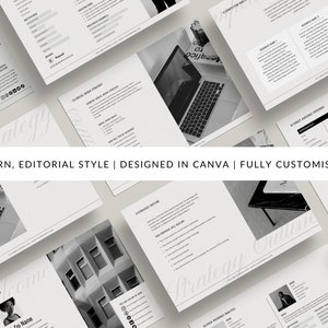 May include: A black and white image of a laptop computer with the word "Strategy" written in cursive on the screen. The image is part of a larger document with the text "MODERN, EDITORIAL STYLE | DESIGNED IN CANVA | FULLY CUSTOMISABLE" at the top.
