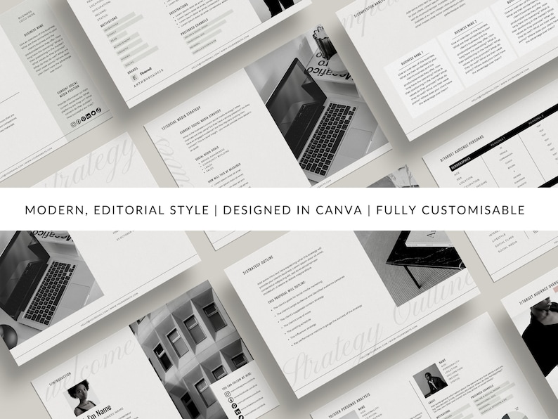 May include: A black and white image of a laptop computer with the word "Strategy" written in cursive on the screen. The image is part of a larger document with the text "MODERN, EDITORIAL STYLE | DESIGNED IN CANVA | FULLY CUSTOMISABLE" at the top.