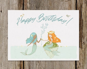 POSTKARTE Happy Birthday! | Meerjungfrauen | Geburtstagskarte DIN A6 · drachenfederDesign