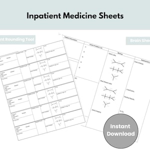 May include: Two white Inpatient Medicine Sheets with text, including "Inpatient Rounding Tool" and "Brain Sheet." The sheets have sections for patient information and medical notes. A circular "Instant Download" graphic is in the lower right.