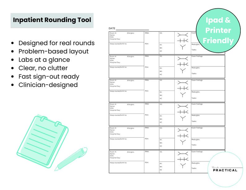 Nursing Rounding Note Layout Pediatric Inpatient Rounding Sheet for Medical Students | Pediatric ...