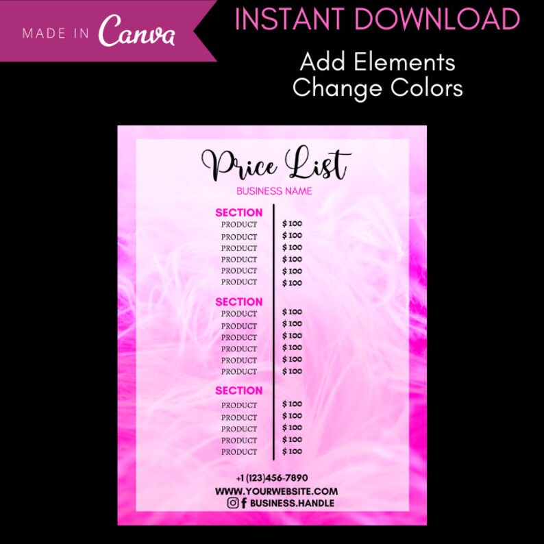 Printable Salon Price List Template Price Guide Pricing Etsy
